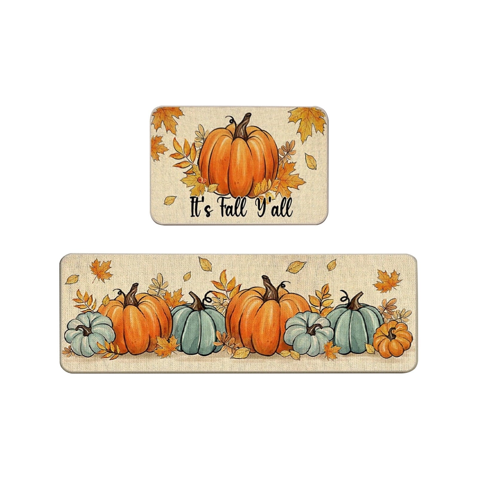 Hello Pumpkin Thankful Fall Kitchen Mats Set of 2,Thanksgiving Decorative Kitchen Rugs Seasonal Autumn Home Decor Low-Profile Kitchen Rugs for Floor - 15.7x23.6 and 15x47 Inch